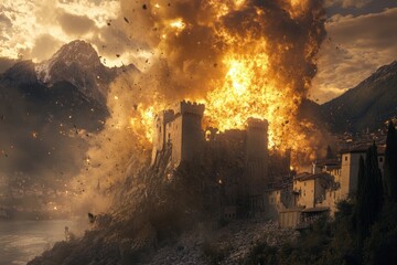 A castle is on fire with a large explosion in the background