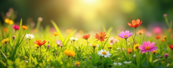 Fototapeta premium Vibrant blooms, sun-drenched meadow, lush green grass, landscape, spring, sunlight