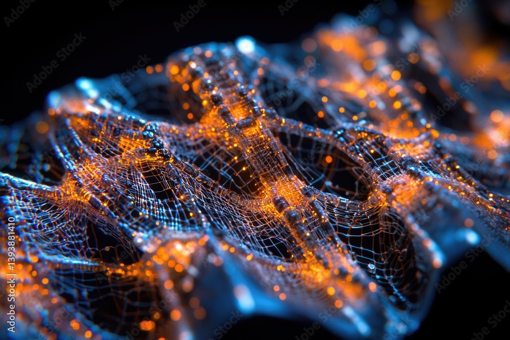 Poster abstract 3d rendering of a glowing blue and orange mesh network, resembling a futuristic or technolo