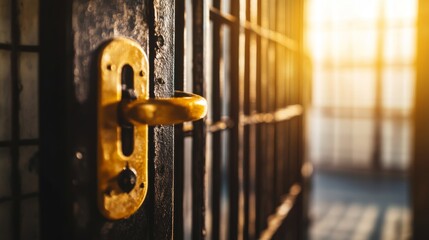 A close-up view of a prison gate swinging open, with a blurred backdrop of barbed wire fences, embodying the themes of freedom, liberation, and new beginnings.