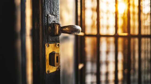A close-up view of a prison gate swinging open, with a blurred backdrop of barbed wire fences, embodying the themes of freedom, liberation, and new beginnings.