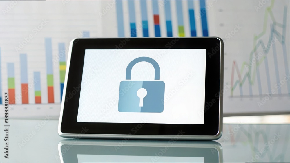 Aufkleber Digital Tablet with Lock Symbol Displaying Business Charts and Data