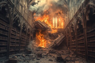 A fire has destroyed a library, with books scattered everywhere