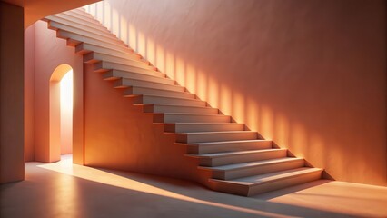 Warm Sunlight Illuminates a Modern Minimalist Staircase in a Peach-Colored Interior Space