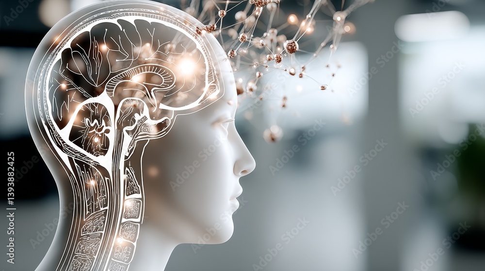 Poster human brain connected with ai data in futuristic research room, cinematic style with glowing screens