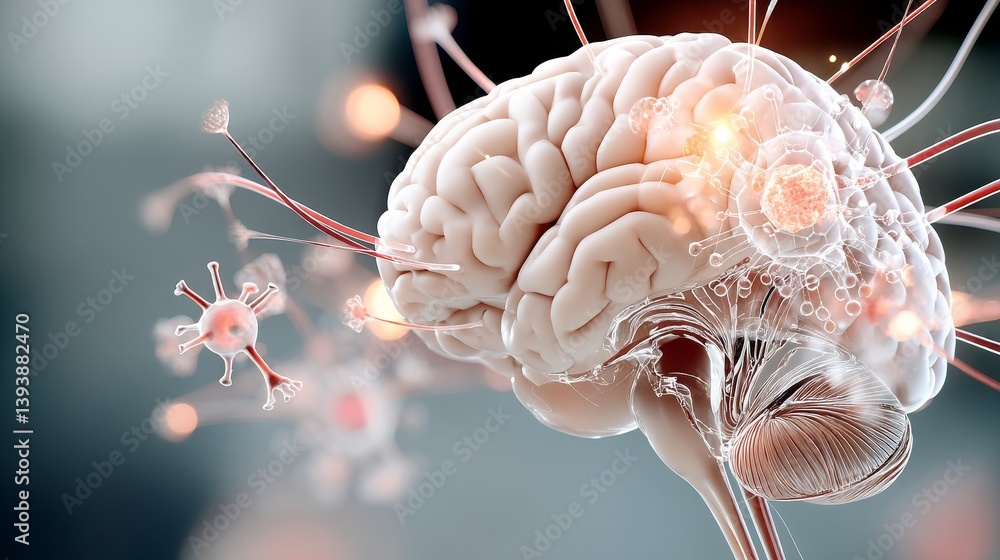Poster human brain connected with ai data in futuristic research room, cinematic style with glowing screens
