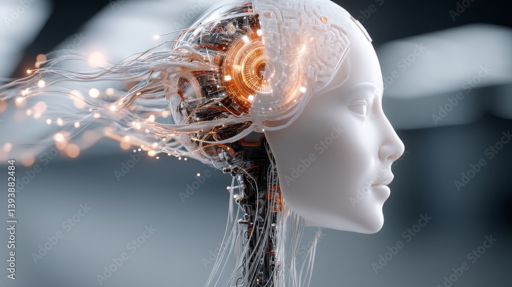 Poster human brain connected with ai data in futuristic research room, cinematic style with glowing screens