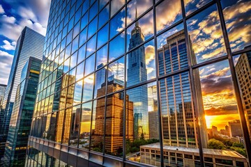 Fototapeta premium Stunning Modern Skyscraper Reflection A Detailed View of Architectural Design and Urban Cityscape