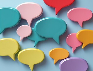 Vibrant collection of multicolored speech bubble icons on flat surface, representing chat, messaging, communication tools, and conversation concepts in digital design


