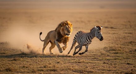 a chase between a lion and a zebra