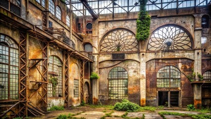 Obraz premium A Picturesque View of an Aged Industrial Building's Interior Courtyard, Showcasing Intricate Architectural Details and the Beauty of Nature's Reclamation