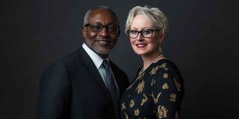 Diverse mature business couple smiling confidently in professional studio portrait