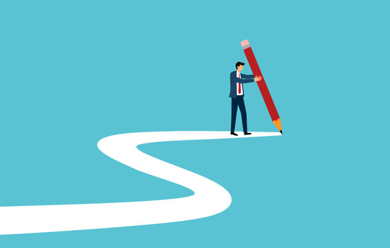 Businessman writing his own career path in flat design. Ma choose his own life. New opportunities.