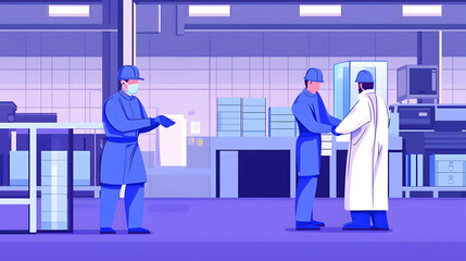 Workers in Protective Gear Engaging in Collaboration in Factory Setting