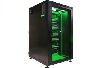 Fototapeta premium Black Server Network Rack Cabinet with Bright Green Internal Light Isolated on White Background