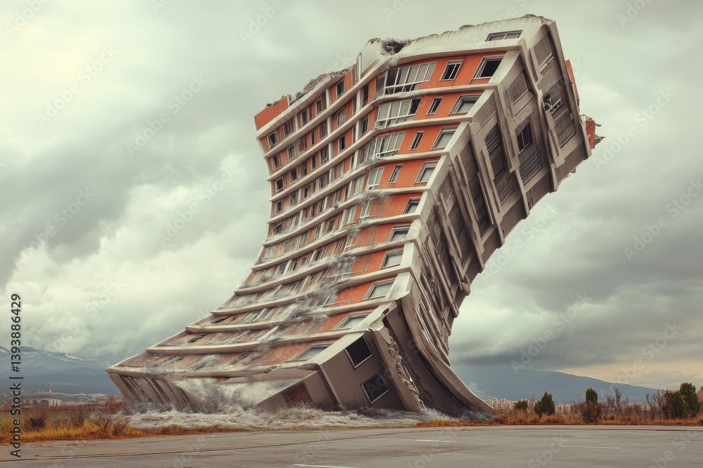 Poster a building has collapsed and is now in the shape of a twisted, warped