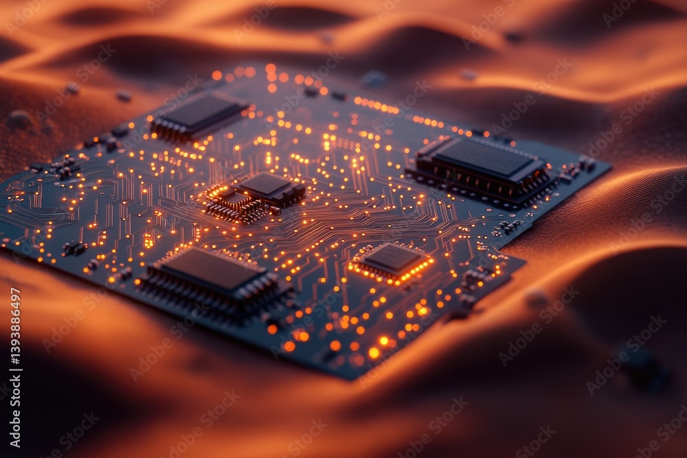 Poster a glowing circuit board rests on an orange sandy surface, showcasing intricate electronic components