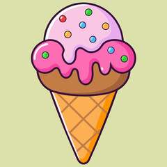 A delightful ice cream cone with pink and purple swirls, melting sprinkles and a crispy waffle cone, boasting a fun, cartoonish style.