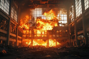 Fototapeta premium A building with a large explosion in the middle