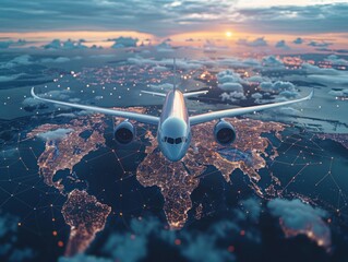 Airplane Flying Over World Map