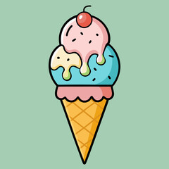 A delightful triple-scoop ice cream cone, melting playfully with vibrant pastel colors and a sweet cherry on top, against a calm mint green backdrop.