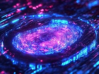 Glowing digital fingerprint secured by holographic data streams, symbolizing futuristic identity protection in a vibrant high-tech environment. Ultra-detailed.