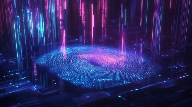 Glowing digital fingerprint secured by holographic data streams, symbolizing futuristic identity protection in a vibrant high-tech environment. Ultra-detailed.