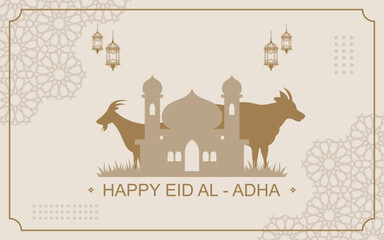 Happy Eid alAdha Celebration with Mosque Goat and Cow