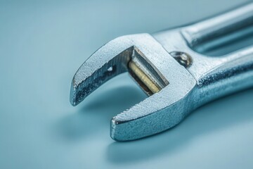 Close-up of adjustable wrench on blue background
