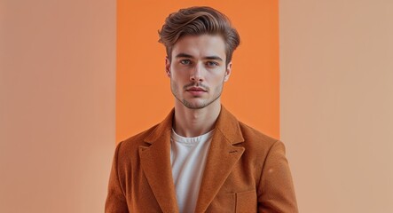 Fototapeta premium Caucasian 20s man on orange plain bright background modern chic fashion pose model portrait portrait banner with copy space ad concept marketing