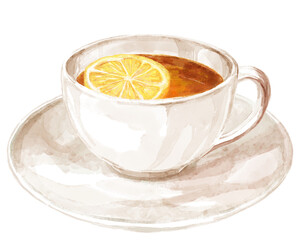 白いティーカップに入ったレモンティーの水彩イラスト