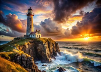 Obraz premium Majestic Lighthouse Solitary Sentinel on Dramatic Island Coastline A Powerful Beacon of Hope and Maritime History