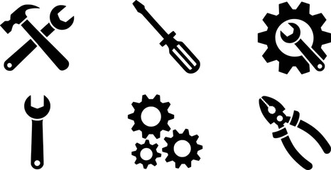 Hand Tools And Gears In Black And White Silhouette Illustration