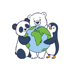 Cute Panda Polar Bear and Penguin Hugging Earth for Global Wildlife Conservation Illustration