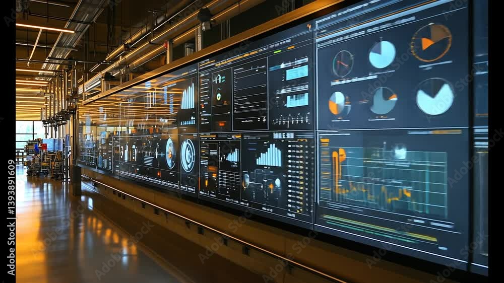 Poster modern office interior with large data visualization screen