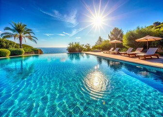 Fototapeta premium SunDrenched Luxury Resort Pool Pristine Blue Water Invites Relaxation and Recreation