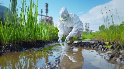 Environmental scientist in hazmat suit collecting water sample from polluted stream near industrial facility