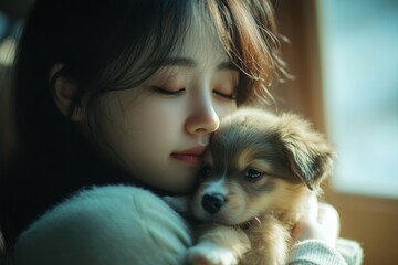 A woman is holding a small dog in her arms