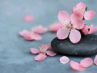 Tranquil Spa Still Life with Delicate Pink Cherry Blossoms and Smooth Black Stone