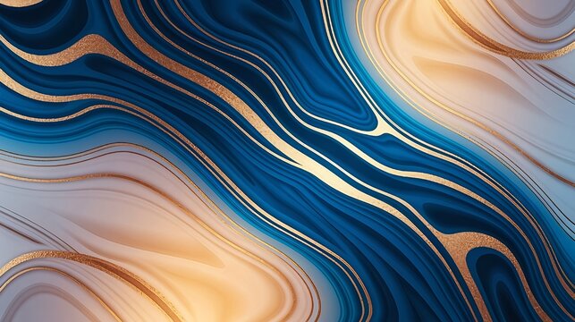 Fluid Blue and Gold Marbled Abstract Design