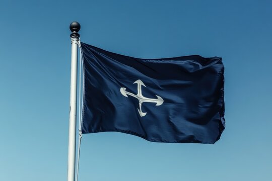 Dark Blue Flag with White Cross, Pattee Cross Flag Waving in the Wind:  Patonce Cross Banner, Nautical Symbol