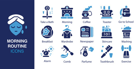 Morning Routine icon set. Containing take a bath, morning, coffee, toaster, go to school, breakfast, wardrobe, and more. Solid vector icons collection. Vector illustration.