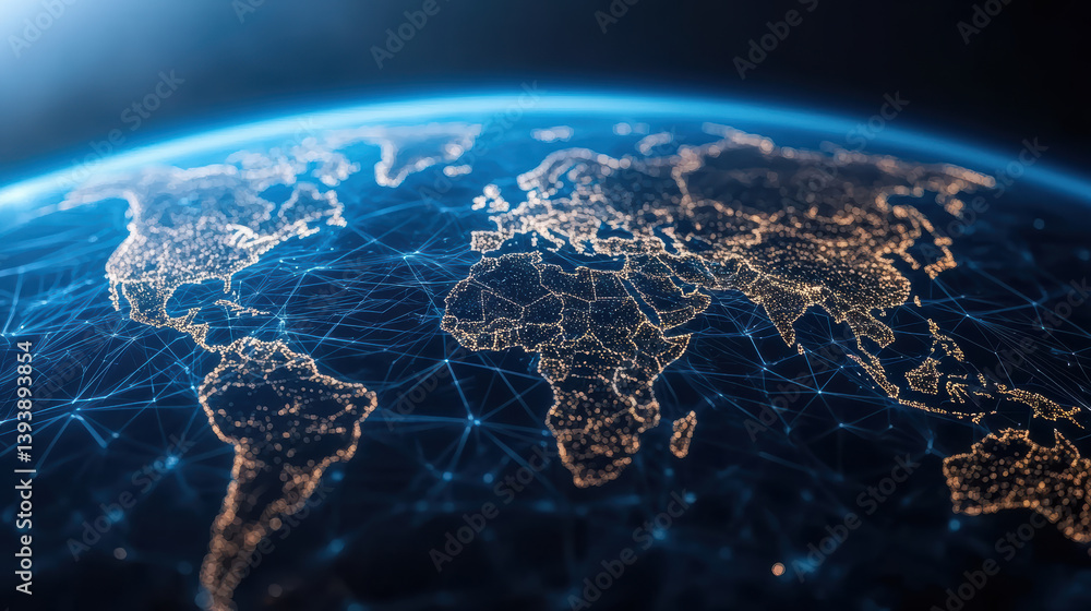 Poster illuminated world map showcasing global connections and networks, symbolizing technology