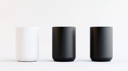 Three cylindrical containers in white, black, and black