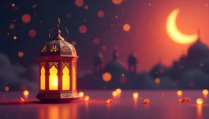 A festive 3D scene featuring a lantern and crescent moon, perfect for eid al adha or mubarak