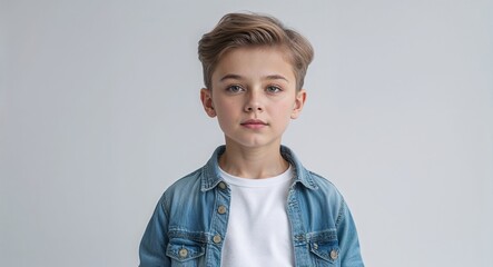 Caucasian kid boy on white plain bright background modern chic fashion pose  model portrait  portrait banner with copy space ad concept marketing