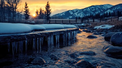 Winter stream at sunset.  Icicles hang from a stone ledge over a flowing stream.  Snow-covered banks.  Golden light of the setting sun