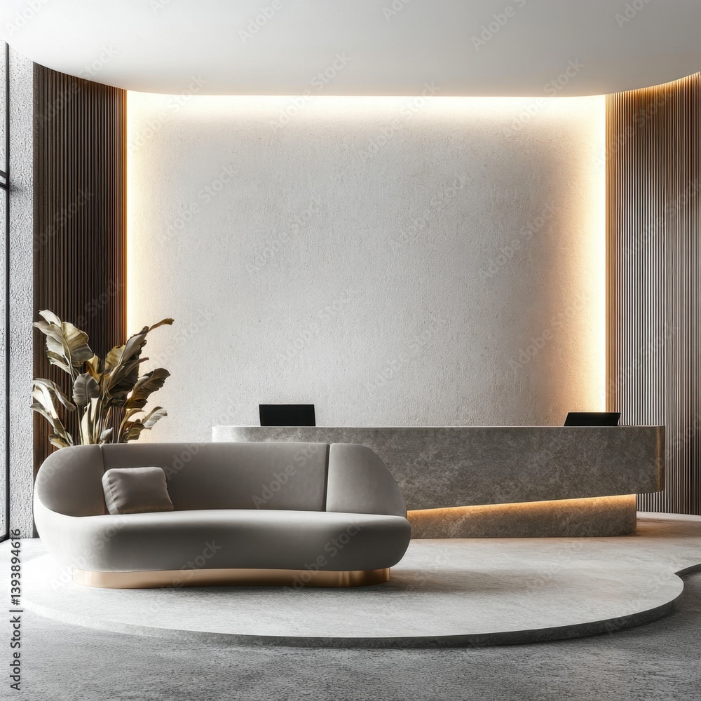 Poster a modern office space with a large circular table and a couch