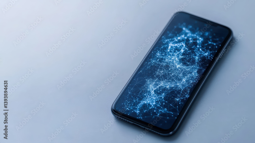 Poster smartphone displaying digital network visualization with blue lines and nodes, symbolizing