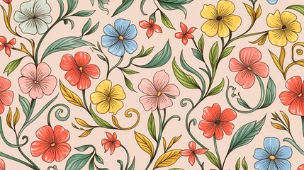 Colorful Floral Pattern with Vibrant Leaves